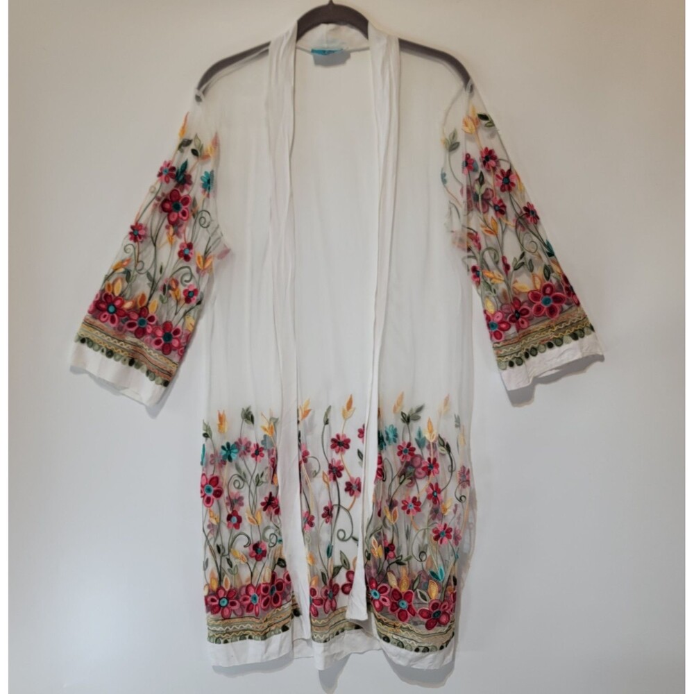 South Main Boho Sheer White Mesh Kimono Floral Embroidered Duster Coverup Large